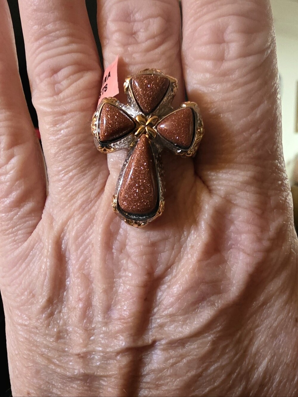 JTV Two-Tone Goldstone Stainless Steel Cross Statement Ring Size 11 - Picture 3 of 12